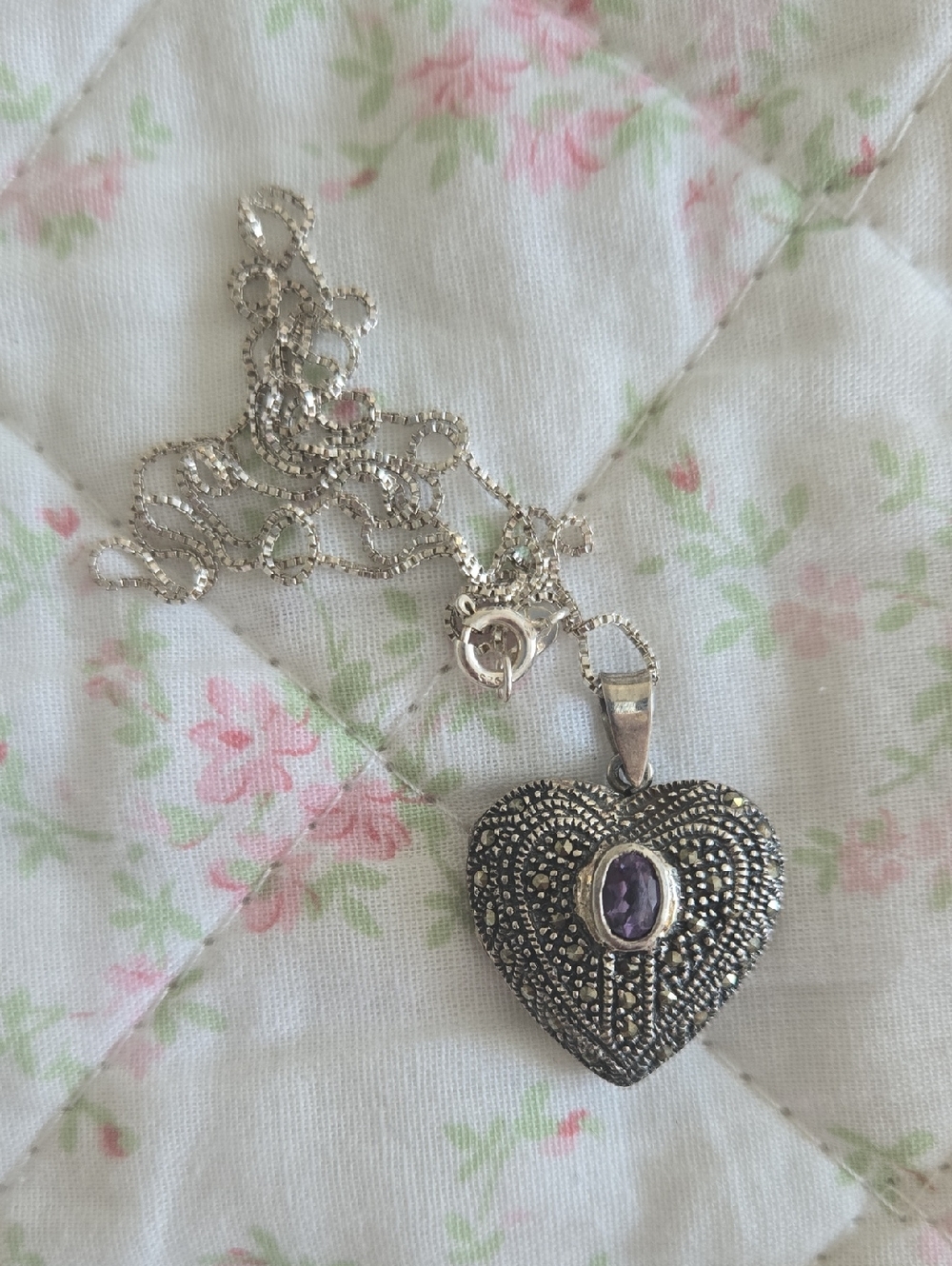Sterling Silver Heart Locket Necklace with Purple Stone